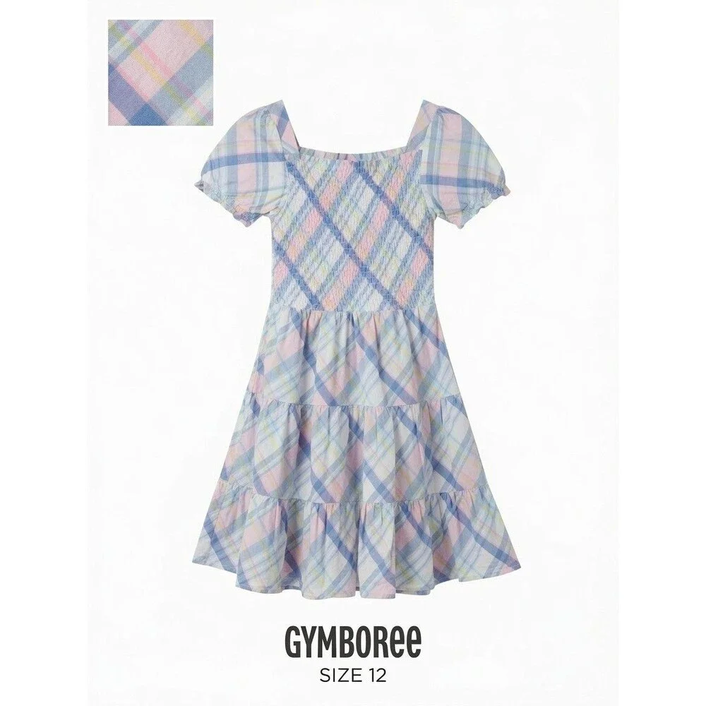 Gymboree Pastel Plaid Smocked Dress Girls Sz 12 100% Cotton Pink Blue Preppy EUC
